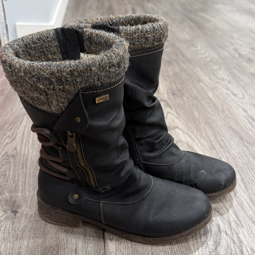 Remonte Black and Brown Mid-Calf Boots with Knit Cuff leather.